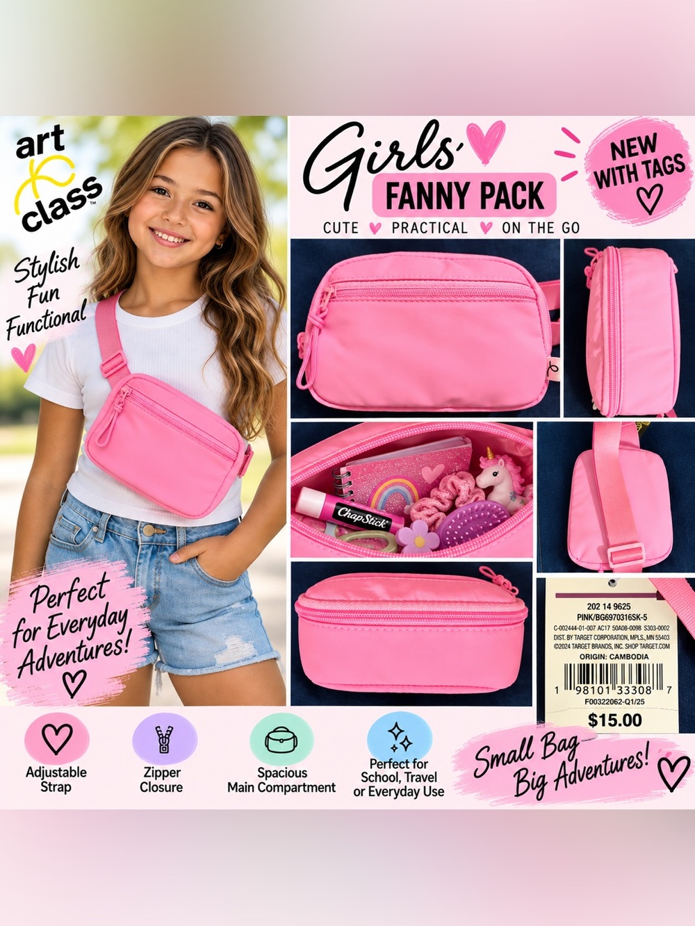 NWT Art Class™ Girls Fanny Bag; Belt Bag: Vibrant Pink
